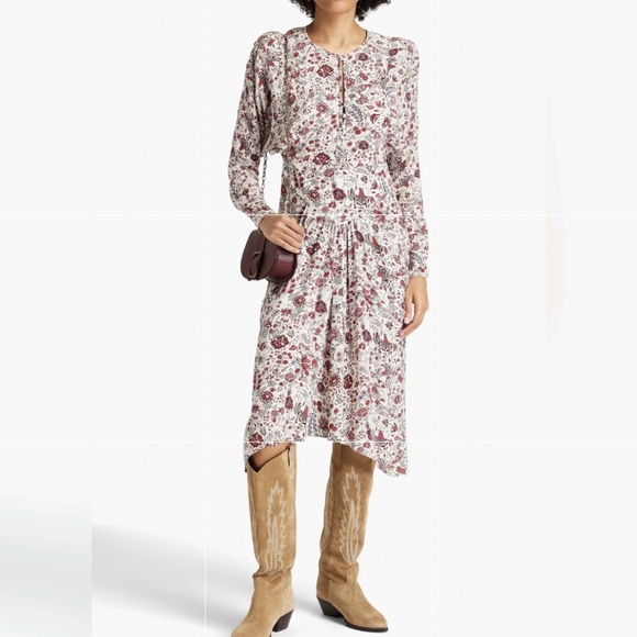 10. NWT ISABEL MARANT KELKY GATHERED FLORAL PRINT SILK CREPE DE CHINE DRESS - Picture 2 of 9